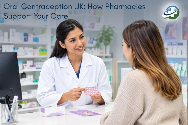 Pharmacist discussing oral contraception with a patient in a private pharmacy consultation room in the UK